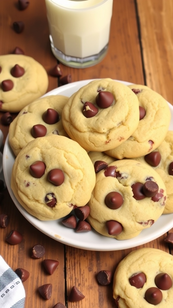 Melt-in-Your-Mouth Cream Cheese Chocolate Chip Cookies Recipe Freshly baked cream cheese chocolate chip cookies on a plate, surrounded by chocolate chips and a glass of milk.